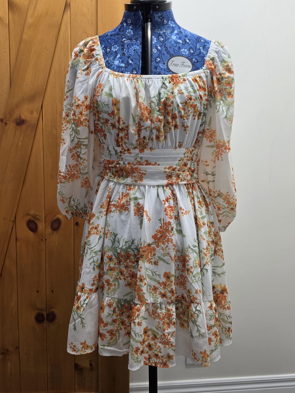 Orange Floral Puff-Sleeve Smocked Waist Tie-Back Dress